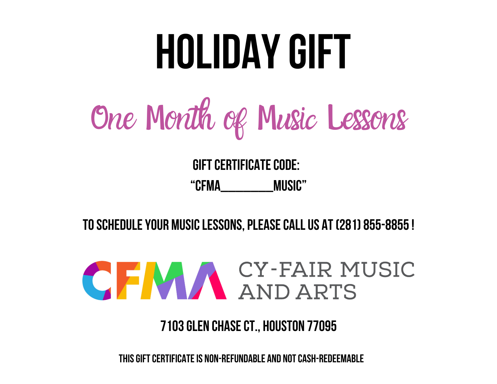 stocking certificate for 1 month of music lesons